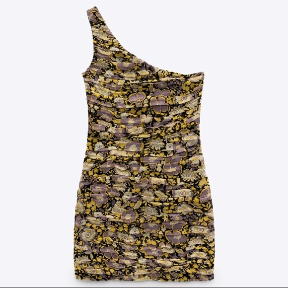 💐💐ZARA Floral Ruched One Shoulder Mini Dress💐💐 - Picture 4 of 11